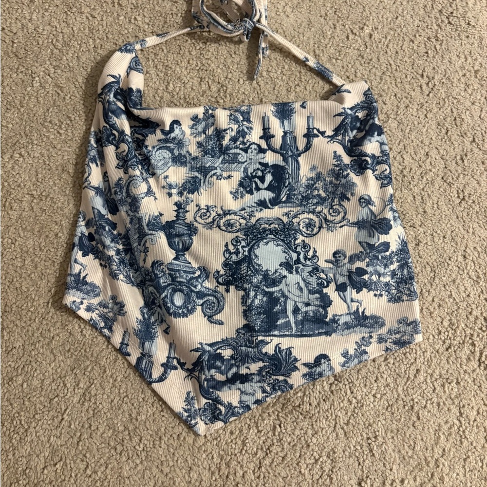 Blue and Cream Toile Print Halter Top